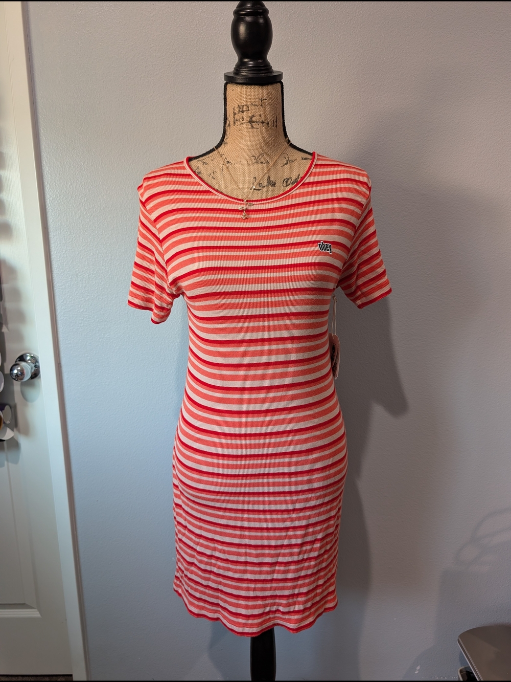 Obey Red and White Striped Knit Tee Dress